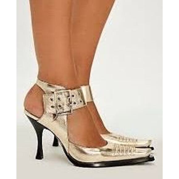 $208! FP JEFFREY CAMPBELL Presley Pointed Heels Platino Gold Metallic SZ 9 - Picture 1 of 4